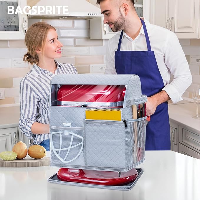 BAGSPRITE Stand Mixer Cover with Detachable Appliance Sliders Base Compatible with KitchenAid Mixer-Storage Bag for 4.5/5 Quart with Pockets for Kitchen Aid Accessories and Attachments