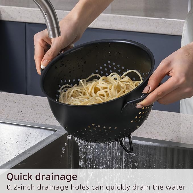 Metal Colander 5 Quart Powder Coated Self-draining Metal Strainer with Base,Kitchen Pasta Fruit Vegetable Basket with Double Handles (Light Black)