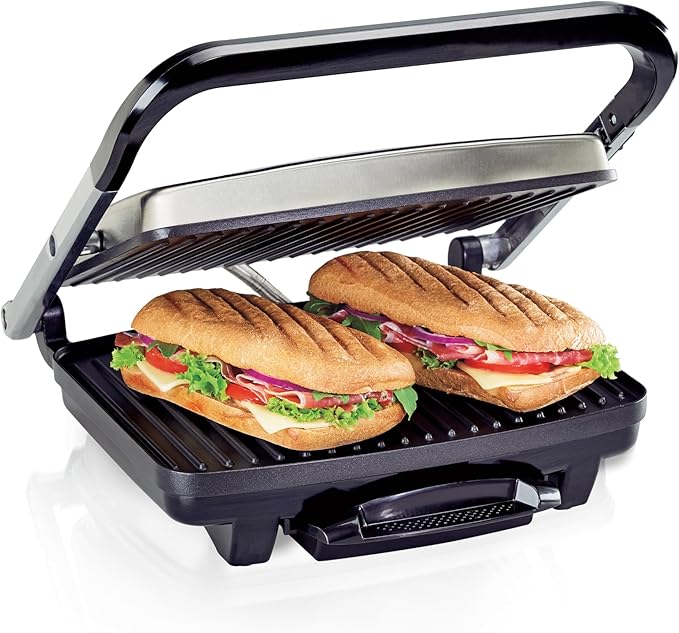 Hamilton Beach Panini Press, Sandwich Maker & Electric Indoor Grill, Upright Storage, PFAS-Free Nonstick Easy Clean Grids, Stainless Steel (25410)