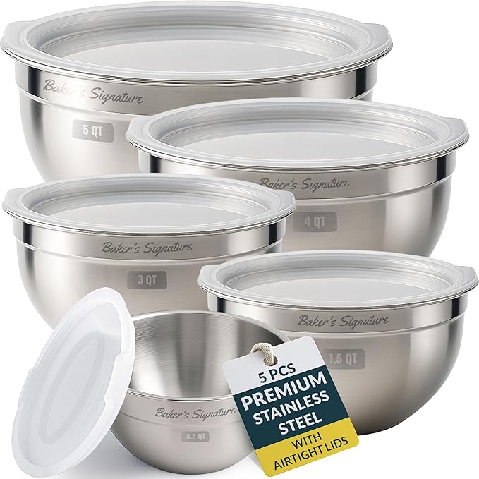 Baker's Signature Stainless Steel Mixing Bowls With Lid, Metal Mixing Bowl Set Of 5, Nesting Set For Food Prep, Baking,Storage, Cooking, Serving | Dishwasher Safe, 0.5/1.5/3/4/5 Qt