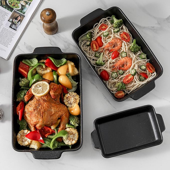 KOOV Bakeware Set, Ceramic Baking Dish, Rectangular Baking Pans Set, Casserole Dish for Cooking, Cake Dinner, Kitchen 9 x 13 Inches, 3-Piece, Stripe Series (Rough Black)