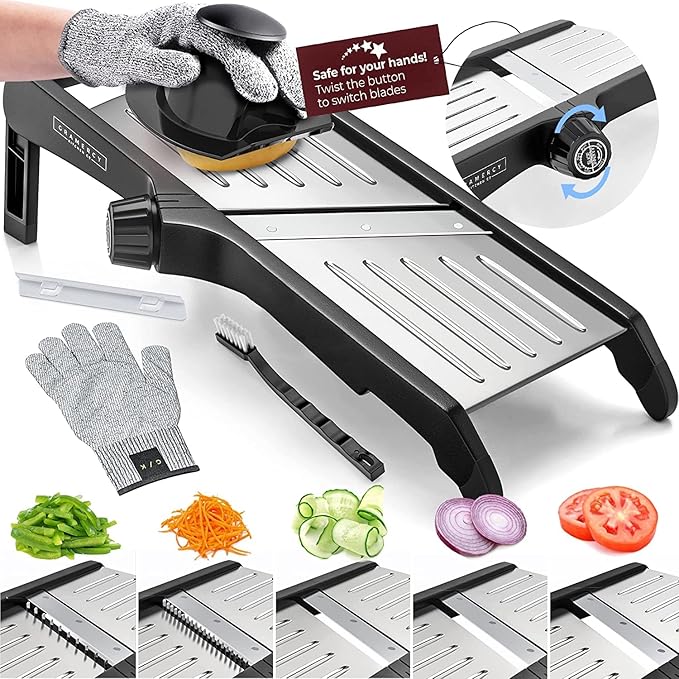 Gramercy Mandoline Food Slicer, Vegetable Cutter, Potato Slicer, Mandolin for Kitchen, Veggie Cutter, Cucumber Tool - Comes with One Pair Cut-Resistant Gloves
