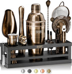 BARE BARREL® Mixology Bartender Kit Bar Set | 16-Piece Cocktail Shaker Set | Martini Barware Mixing Tools for Home Bartending | Incl. 35 Recipe Cards | Gift Set (24oz Cobbler Shaker, Brass/Black)