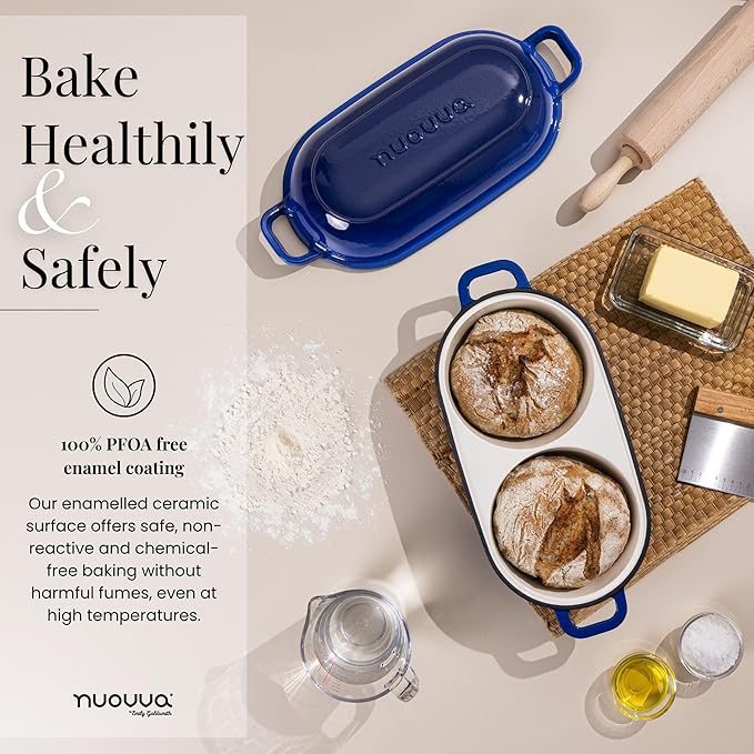 Dutch Oven For Sourdough Bread Baking – Enamelled Cast Iron Bread Loaf Pot – 500°F Oven Safe Non Stick Bread Pot – Double Round Loaf Space, 16.5cm Diameter, Dark Blue, – by Nuovva