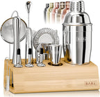 BARE BARREL® Mixology Bartender Kit Bar Set | 14-Piece Cocktail Shaker Set | Martini Barware Mixing Tools for Home Bartending | Incl. 35 Recipe Cards | Gift Set (24oz Cobbler Shaker, Silver/Natural)
