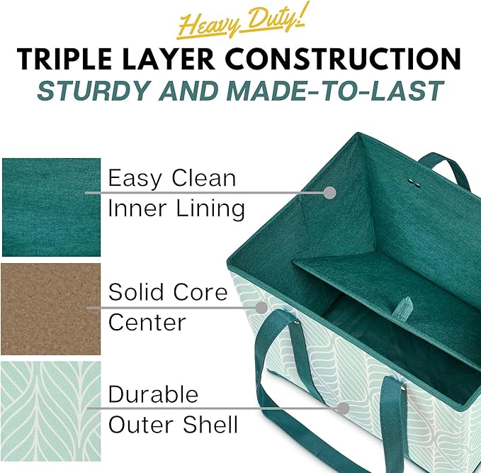 Reusable Grocery Bags (3 Pack) – Heavy Duty Reusable Shopping Bags for Groceries with Box Shape to Stand Up, Stay Open, Fold Flat – Large Tote-Bag is Foldable with Long Handles & Hard Bottom (Green)