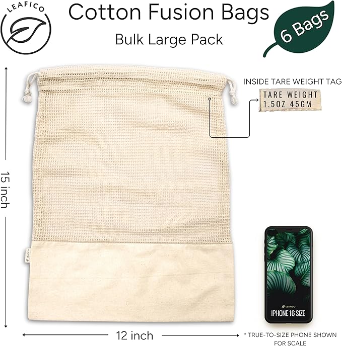 LEAFICO Reusable Produce Bags – 100% Cotton Mesh & Solid Hybrid (Large 12x15 inch 6 Pcs) – Storage Bags for Vegetables, Toys, Clothes, Travel Packing – Washable, Plastic-Free, Breathable, Zero Waste
