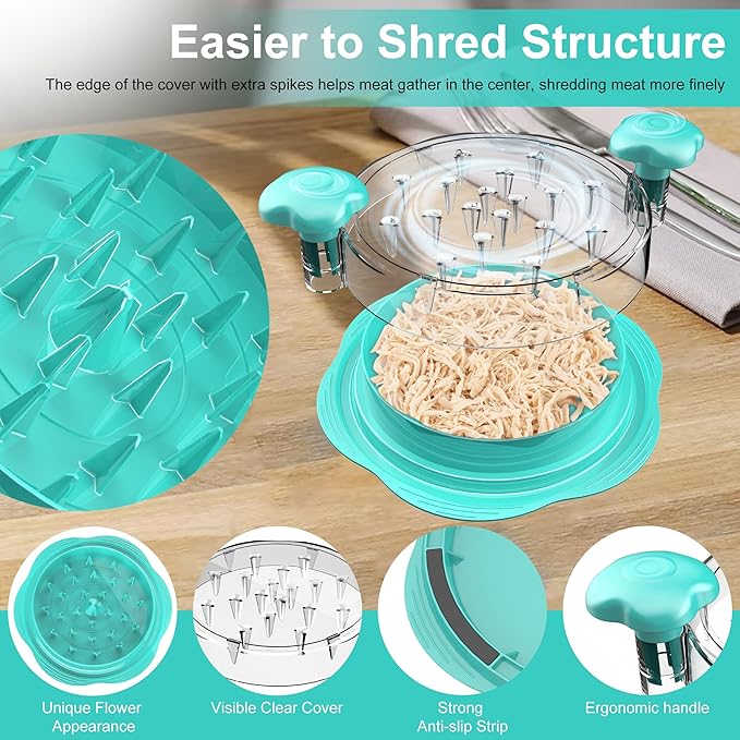 SURETIVIAN Chicken Shredder Large Chicken Breast Shredder Tool Twist with Brush&Fork, Visible Meat Shredder Machine, Anti-Slip Strip, Ergonomic Handle, BPA Free, Pork Beef Chicken(Mint Green)