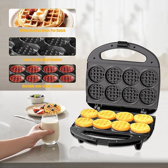 OSTBA Mini Waffle Maker: 750W Powerful Heating, Cooks 8 Waffles at Once, Fast & Even Cooking, Non-Stick & Easy Clean, Compact & Portable for Family Breakfast