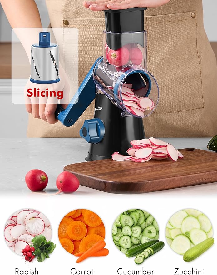 Cheese Grater Rotary, Rotary Grater for Kitchen, Kitchen Vegetable Slicer with 3 Drum Blades, Fast Cutting Cheese Shredder for Vegetables and Nuts