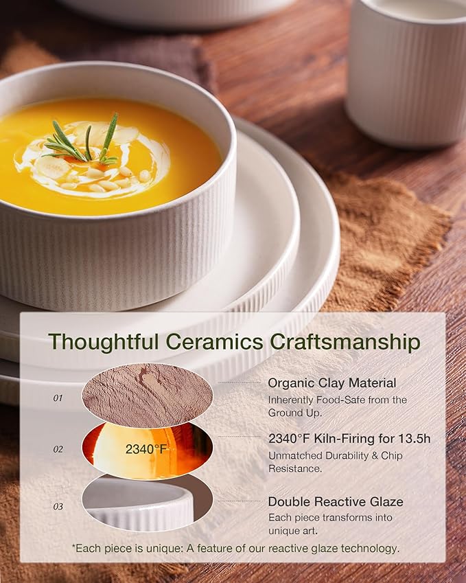 Famiware Star Dinnerware Set with Mugs, Service for 4 (16pcs), Ribbed Stoneware Plates and Bowls Dishes Sets - Chip & Scratch Resistant, Microwave & Dishwasher Safe, Matte White
