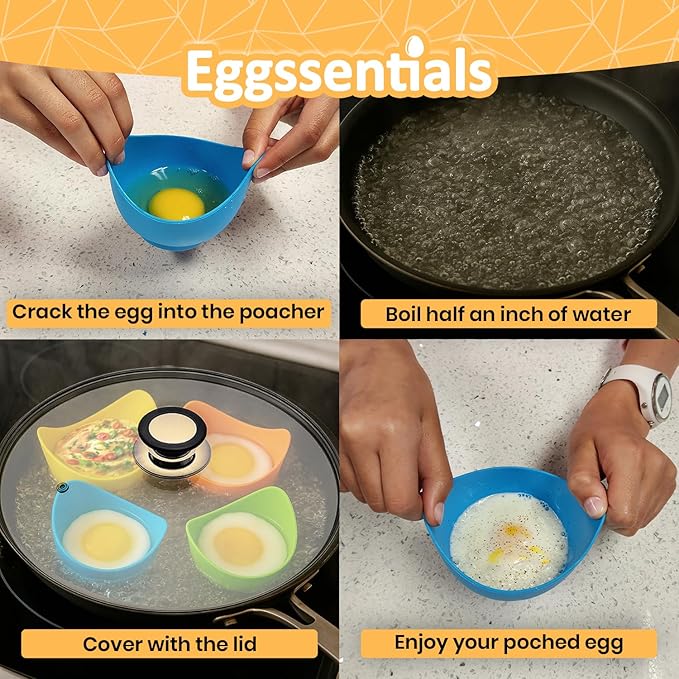 Eggssentials - Poached Egg Cups - Pack of 4 - BPA Free Silicone Egg Poacher Cups - Nonstick Poached Egg Cooker for Microwave, Stovetop, Baking – Easy to Clean Poaching Pods for Perfect Eggs
