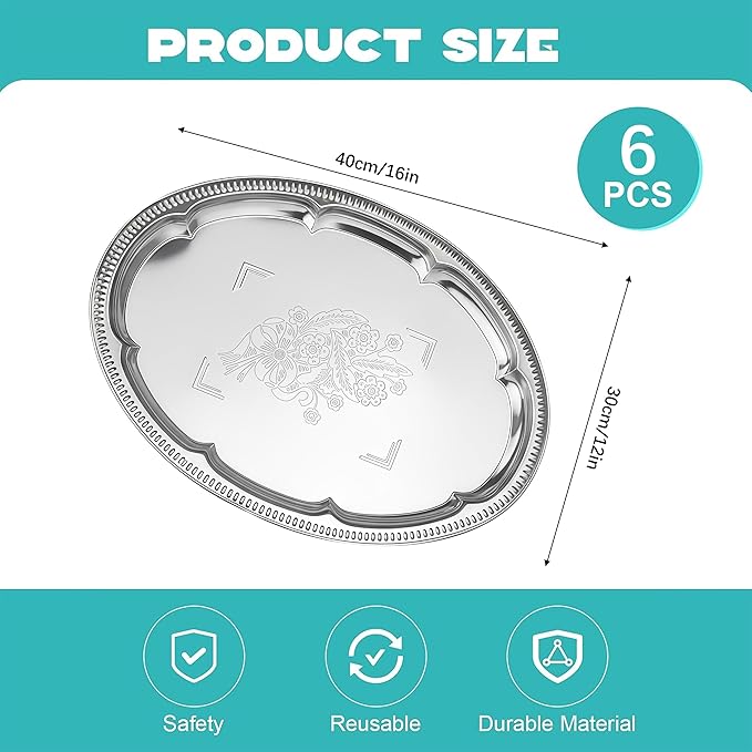 6-Pack Large Silver Serving Trays (16" x 12") – Oval Floral Engraved Serving Platters for Parties, Weddings, Birthdays, Festive Occasions – Mirror Trays for Appetizers, Charcuterie, Cookies, Desserts