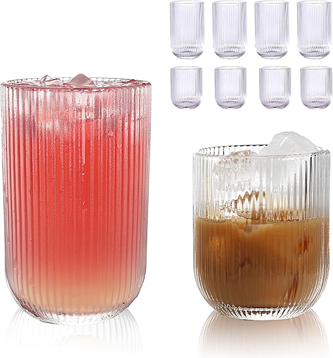 Set of 8 Ribbed Glassware,4 Highball Glasses 14oz & 4 Rocks Drinking Glasses 9oz, Clear, Origami Style, Fluted Design, for Milk, Water, Cocktail, Juice, Beer, ToothBrush Cup, Gift