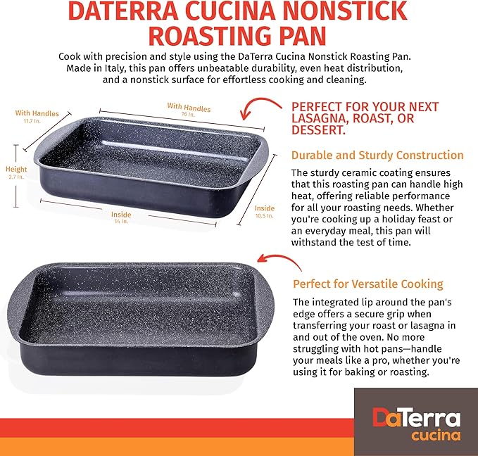 DaTerra Cucina Nonstick Roasting & Lasagna Pan – 16"x12"x3", Ceramic-Coated, Oven & Stovetop Safe to 600°F, Sturdy Base, PTFE, PFOA & Lead-Free, Durable & Stylish Deep Roasting Tray - Made in Italy
