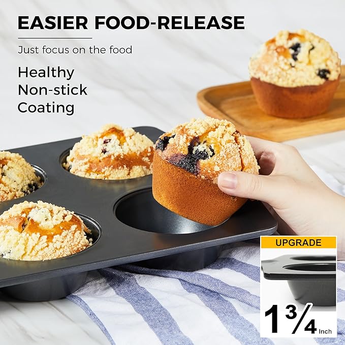 HONGBAKE Nonstick Jumbo Muffin Pan, 2 Pack Large Cupcake Tin for Baking, Cup Cake Tray, 3.5dia, 6 Cup, Premium, Extra Thick, Dishwasher Safe