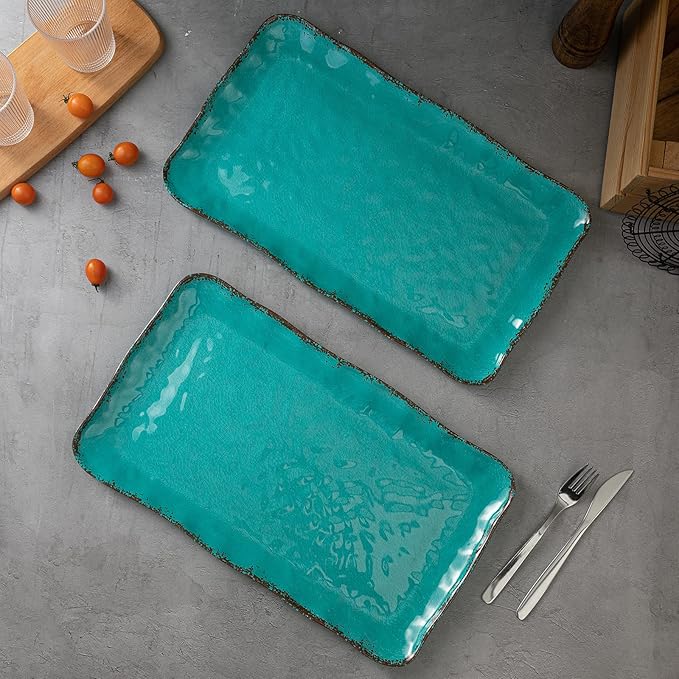 LEHAHA Vintage Melamine Serving Tray Set, Rectangular Large Serving Trays/Platters Set for Serving Food, BPA Free Food Serving Platters and Trays, Set of 2, 17.5"x 10", Teal