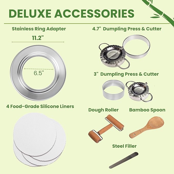 2-tier 10" Bamboo Steamer with Reinforcement & Handle, Reusable Silicone Liner & Accessories Kit For Cooking Dumpling, Baby Bao Bun, Dim Sum, Rice Potsticker Steaming Chinese Asian Food & Vegetables
