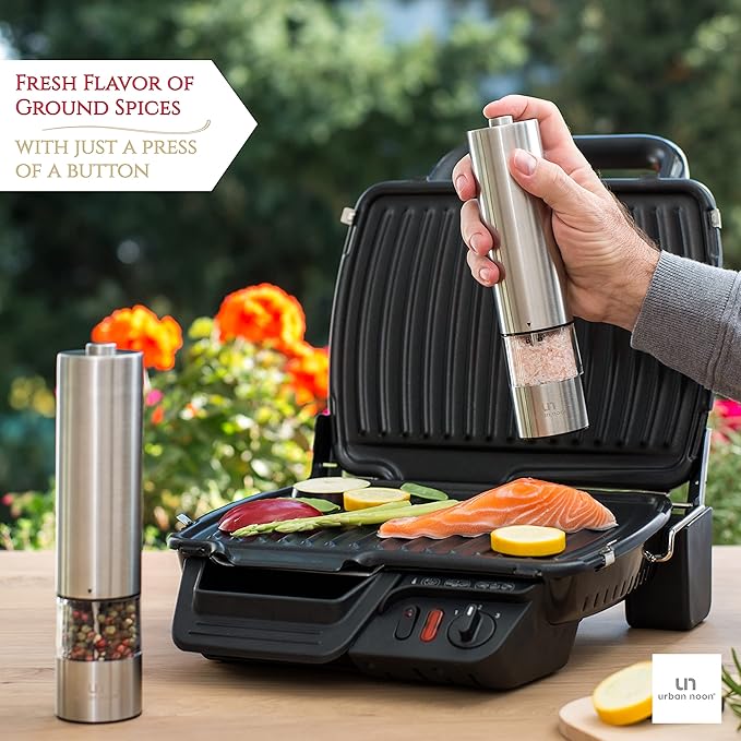 Electric Salt and Pepper Grinder Set - Matte Black Battery Operated Salt & Pepper Mills with Light (Pack of 2) - Automatic One Handed Operation with Adjustable Ceramic Grinders