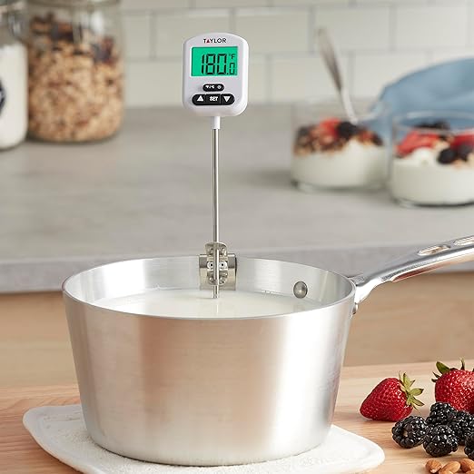 Taylor Programmable Digital Candy and Deep Fry Thermometer with Green Light Alert Display, Long Stem, and Adjustable Pan Clip, White
