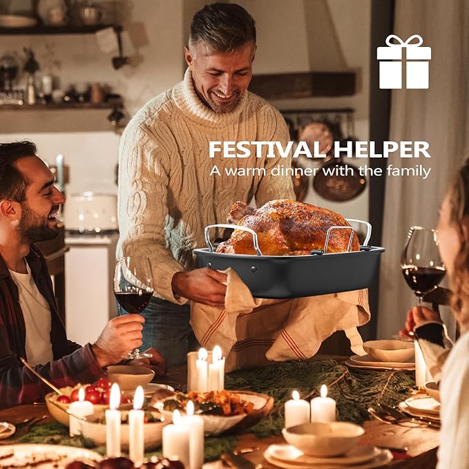 Roasting Pan, 17x13 Inch Nonstick Turkey Roaster with Removable Rack & Cooking Kit,Roaster Pan for Roasting Turkey, Meat & Vegetables (Silver)
