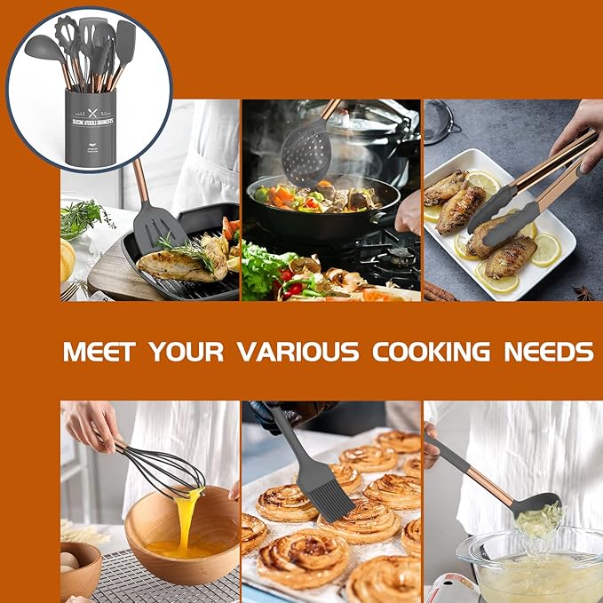 Silicone Cooking Utensil Set, Umite Chef Kitchen Utensils 15pcs Cooking Utensils Set Non-stick Silicone Rose Gold Handle Cooking Tools Whisk Kitchen Tools Set -Grey