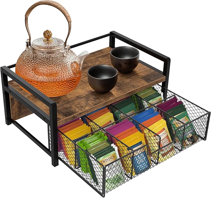 Homode Tea Bag Organizer, Wood Tea Organizers and Storage Chest, Teabag Holder with Storage Drawer,Tea Station Chest Display Container Box for Countertop Kitchen, Rustic Brown