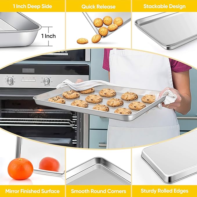 Homikit 2 Pack Baking Sheet, 16x12 Inches Stainless Steel Cookie Sheets for Baking, Large Toaster Oven Tray for Roasting Cooking, Metal Jelly Roll Pan Non Stick &Rustproof, Dishwasher Safe
