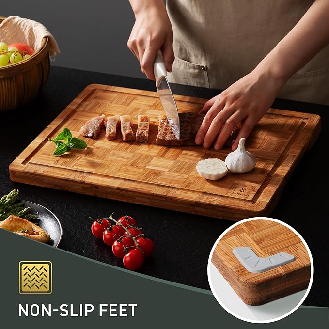 3 Pack Heavy Duty Bamboo Cutting Board Set Non Toxic Wooden Cutting Board for Kitchen Non Slip Solid End Grain Thick Wood Juice Groove Chopping Board Extra Large Butcher Block Best House Warming Gift