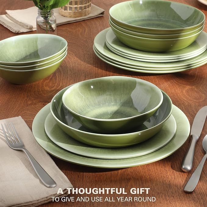 Gibson Home Casper Court 16-Piece Melamine Dinnerware Set – Green Reactive Glaze Look Plates and Bowls, Service for 4 – Top Rack Dishwasher Safe Everyday Dining Set