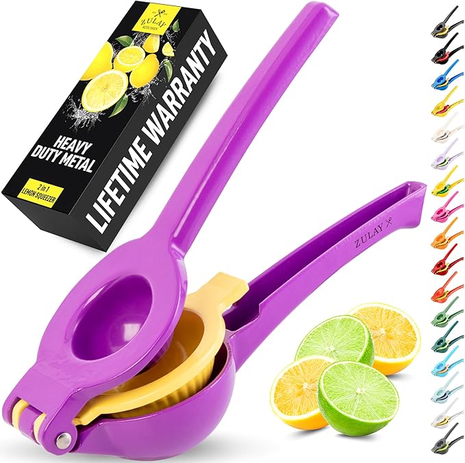 Zulay Kitchen Metal 2-in-1 Lemon Squeezer - Sturdy Max Extraction Hand Juicer Lemon Squeezer Gets Every Last Drop - Easy to Clean Manual Citrus Juicer - Easy-Use Lemon Juicer Squeezer - Purple/Yellow
