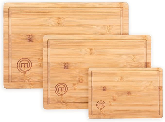 MasterChef Bamboo Cutting Boards for Kitchen, Wooden Cutting Board Set of 3, Natural, Organic & Food Safe Surface, Reversible Large, Medium & Small Wooden Chopping Boards with Juice Grooves