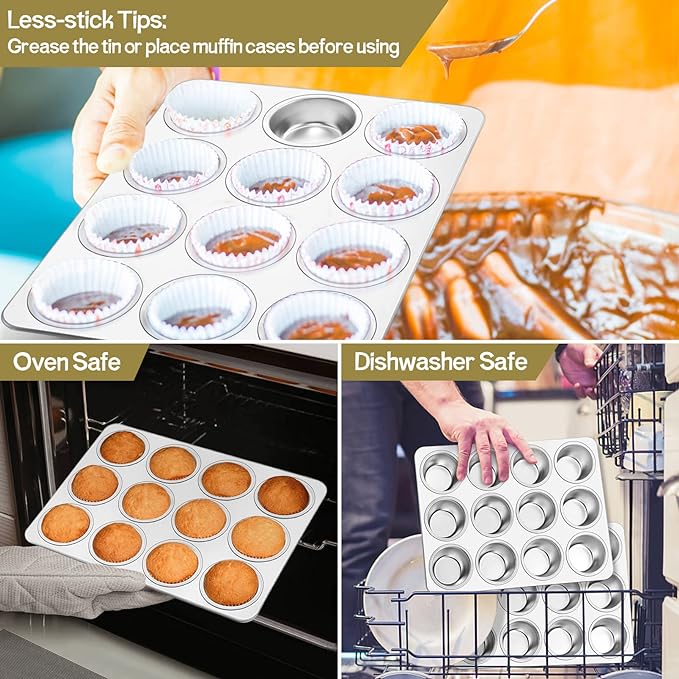 TeamFar 12-Cup Muffin Pan, Stainless Steel Cupcake Pans Muffin Tin Set for Oven Baking Mini Brownies Quiches Tarts, Non Toxic & Regular Size, Dishwasher Safe – Set of 2