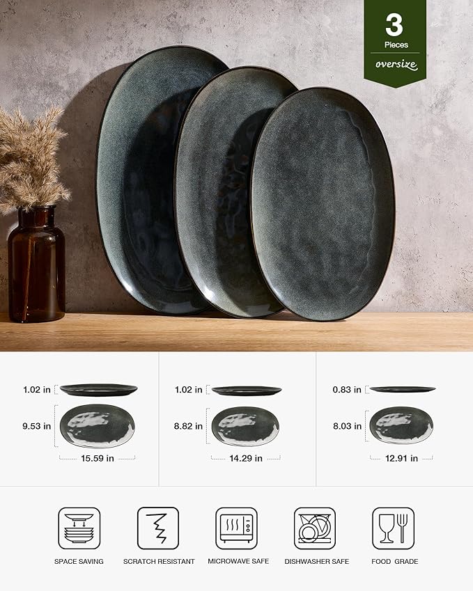 famiware Serving Platter, Oval 15.59/14.3/12.9 inch Serving Dishes for Entertaining, Serving Bowls, Dishwasher Safe, Fine Stonware Serving Trays for Party, Turkey, Cheese, Reactive Glaze, Deep Forest