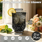 24 Pack Plastic Stemless Wine Glasses,12oz Unbreakable Vintage Elegant Drinking Glass Set,Reusable Fancy Cocktail Cups for Party, Wedding, and Bulk Events (24, 12oz-Black)