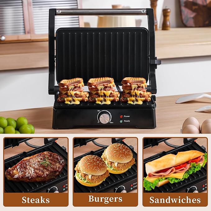 Panini Press Grill Sandwich Maker, Large Electric 3 in 1 Panini Sandwich Maker Grill, Open 180 Degrees for Grill Indoor, Perfect for Grilling Steaks, Burger, Sandwich,Non-stick Pan