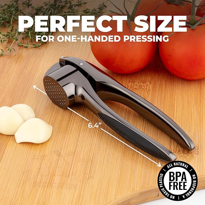 Zulay Kitchen Large Premium Garlic Press Set – Rust Proof & Dishwasher Safe, Bigger Bowl Garlic Mincer Tool with Silicone Garlic Peeler & Brush, Easy Squeeze & Clean, Ergonomic Handle - Dark Gray