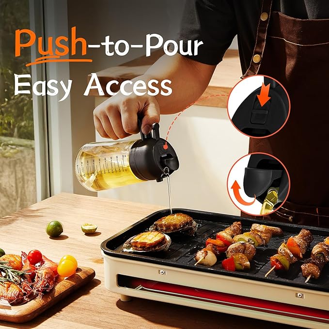TrendPlain 16oz/470ml Glass Olive Oil Sprayer for Cooking – 2 in 1 Olive Oil Dispenser Bottle for Kitchen Gadgets and Air Fryer Accessories, Salad, BBQ - 2 Black