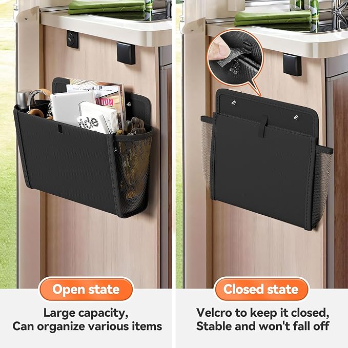 Wall Hanging Storage Organizer, Wall Pocket Hanging Bag with Large Pockets & Sticky Adhesive Tape Wall Mounted Storage Door organizer for RV Camper Kitchen Office Black