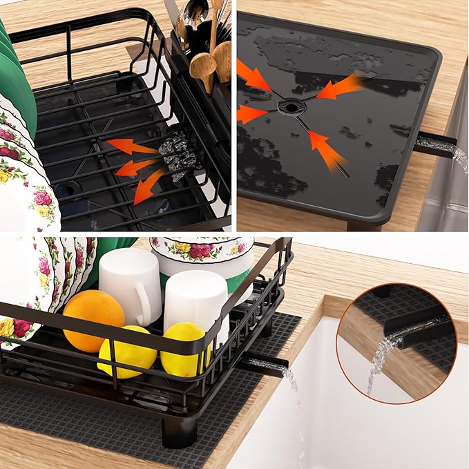 Godboat Dish Drying Rack, Dish Rack with Auto-Drain & Mat, Dish Drainers for Kitchen Counter, Glass Organizer for 4 Cups, 3 Slots Utensil Holder, Gifts for Women Mothers Day, Kitchen Gadgets & Decor