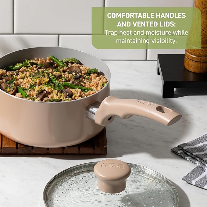 T-Fal Refresh Ceramic Nonstick Cookware Set, 12-Piece Ceramic Pots and Pans Set, Includes Stockpot, Griddle, Frying Pans, Utensils, Moon Grey