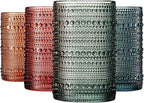Khen Hobnail Beaded Highball Drinking Tumbler Glasses | Set of 4 | Color, Vintage Bubble Design Whiskey Glassware, Old-Fashioned, Embossed Design for Water, Wine, Cocktail Embossed, Rocks Glass