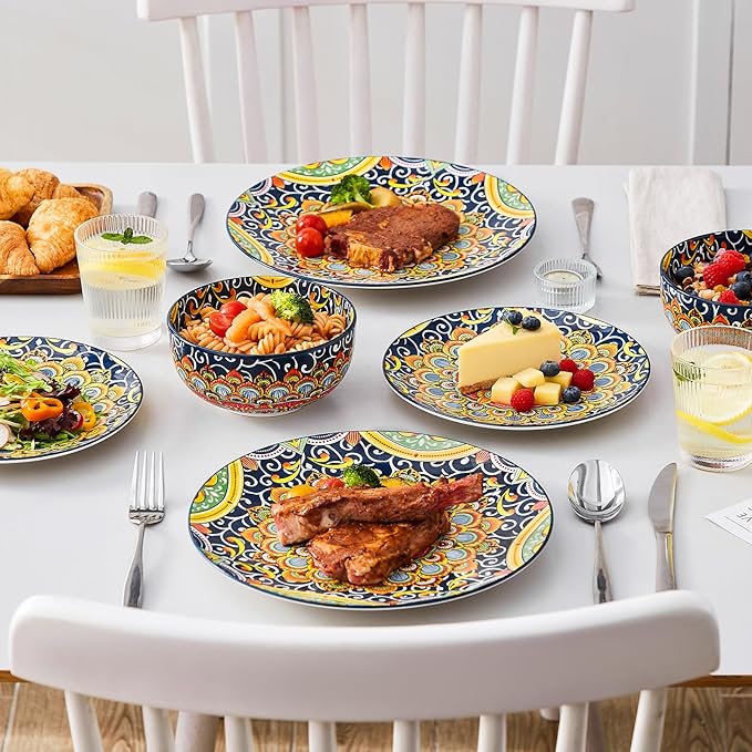 vancasso 12 Pieces Dinnerware Sets, Dark Green Plates and Bowls Set, Porcelain Dishes Set for 4, Microwave and Dishwasher Safe, Scratch Resistant, Bohemian Style Dining Ware Service for 4, Series SIMI