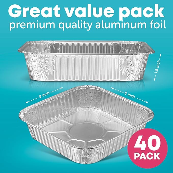 8x8 Disposable Aluminum Pans - 40 Pack Foil Pans For Cooking, Baking Cakes, Roasting & Homemade Breads - Disposable Food Containers