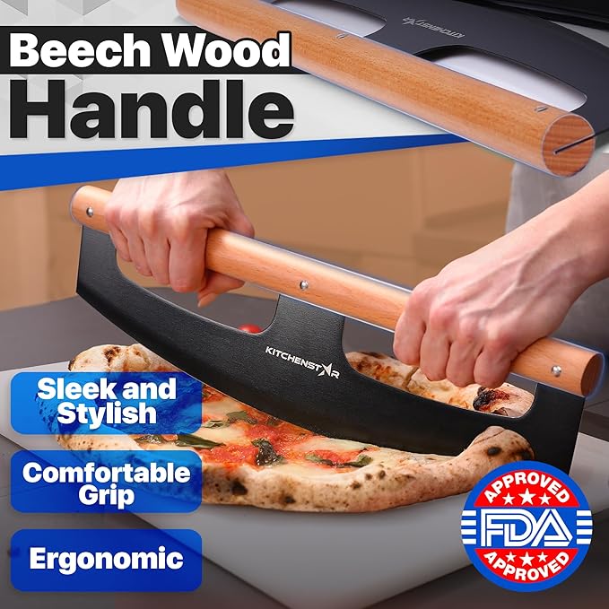 KitchenStar 16-Inch Pizza Cutter Rocker Blade - Razor Sharp Stainless Steel Slicer Knife, Stylish Beech Wood Handle, Protective Cover - Professional Pizza Oven Accessories, Black