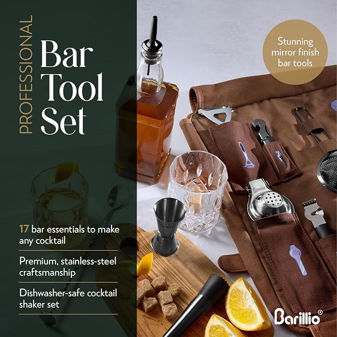 Barillio Bartender Kit Bag with Black Cocktail Shaker Set - Waxed Canvas, Traveling Bar Tools Bag with 17-Pc Cocktail Kit - Travel Mixology Bartending Kits - Mobile Bar Roll with Strap & Accessories