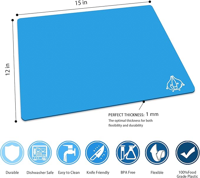 ZVP Flexible Plastic Cutting Board Set of 3 Gradient Color, Colorful Chopping Boards, BPA Free Mats, Non Slip, Dishwasher Safe, 15×12 Inch, Blue Multi-Color