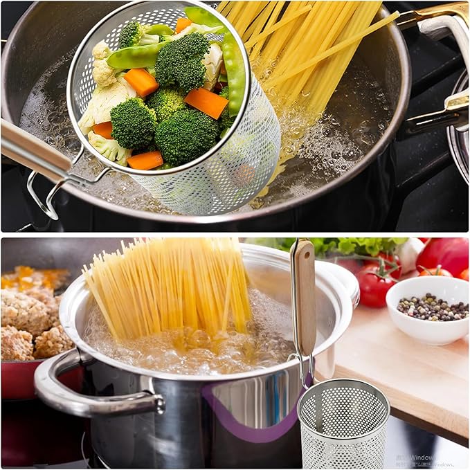 Stainless Steel Pasta Strainer, 2pcs Micro-Perforated Food Dumpling Noodle Strainer with Wood Handle Straining Noodles Pasta Baskets