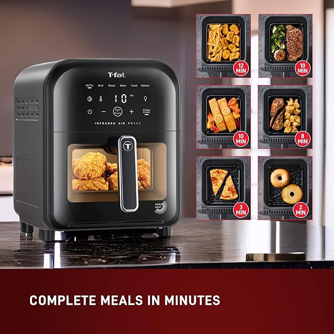 T-fal Infrared Air Fryer, 2x Faster Than Traditional Heating*, Large Air Fryer Toaster Oven Combo, 6 Qt Digital Touch Screen, 7-in-1 Cooking Functions, No-Shake Technology, 1550W, Black,