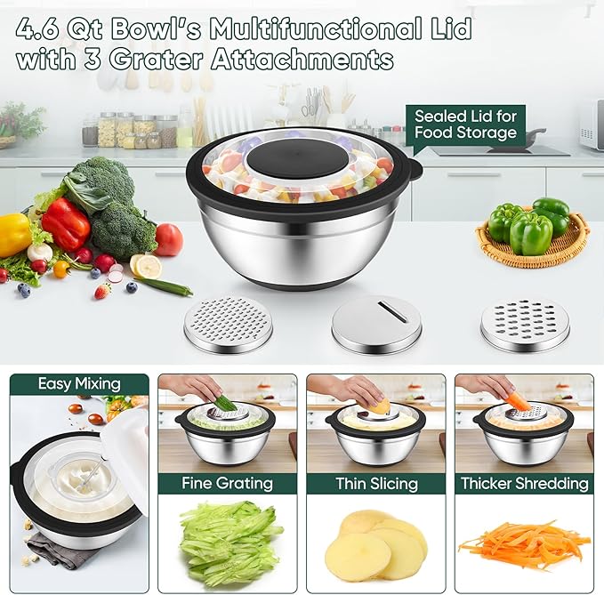 P&P CHEF Mixing Bowls with Lids Set of 3, Stainless Steel Mixing Bowl and Colander for Kitchen, 3 Grater Attachments & Non-Slip Bottoms, Visible & Airtight Lid, Black
